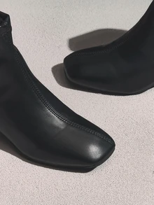 NobleVue Square Toe Short Ankle Boots For Women, Autumn, Chunky Heel, Fashion Versatile, Soft Leather, Elastic Ankle Boots, High Heel - Black - View 4