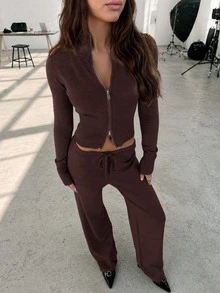 FOR BEAUTY Fall Winter Y2K Elegant Dark Brown Full Zip Up Stand Collar Knit Jacket Drawstring Wide Leg Pants Two Pieces Set Women Outfits - Coffee - View 11