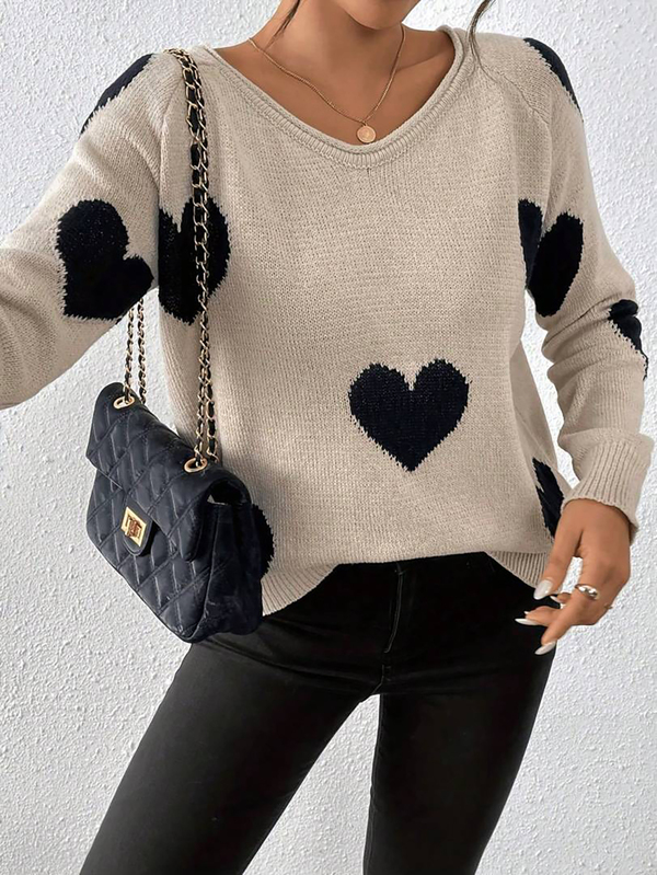 Plus Size Women Heart Jacquard Knit Sweater, Fall Winter V‑Neck Raglan Long Sleeve Loose Casual Pullover Top
