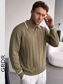 GRDR Men's Airplane Collar Pullover Sweater, Autumn/Winter Turn-Down Collar Knit Top - Army Green - View 4