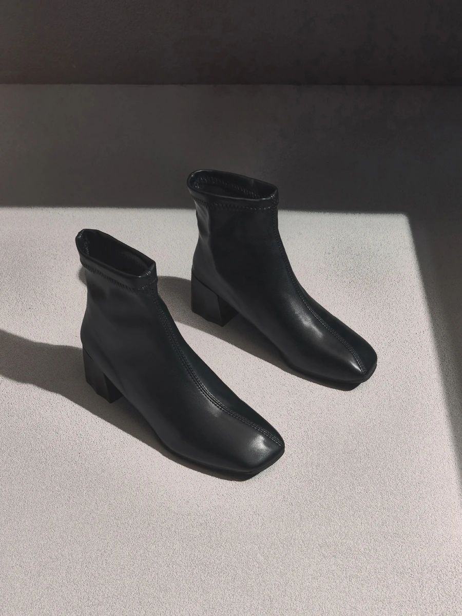 NobleVue Square Toe Short Ankle Boots For Women, Autumn, Chunky Heel, Fashion Versatile, Soft Leather, Elastic Ankle Boots, High Heel - Black - View 1