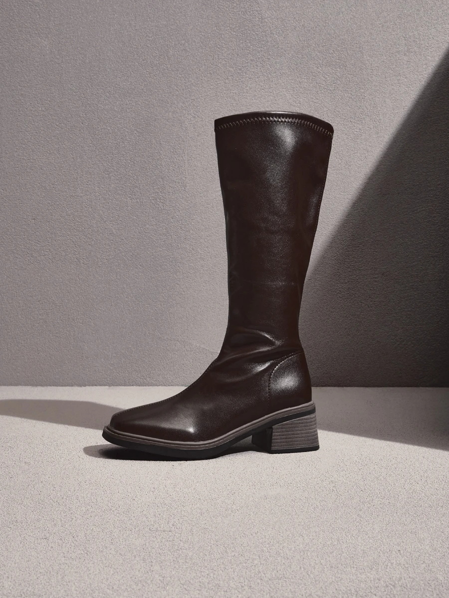 NobleVue New Autumn/Winter Brown Over-The-Knee Chunky Heel Slim Boots, Classic Black Mid-Calf Riding Boots - Brown - View 1
