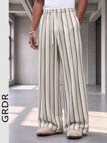 GRDR Men's Summer Striped Loose Drapey Casual Drawstring Elastic Waist Wide Leg Long Pants - Grey - View 1