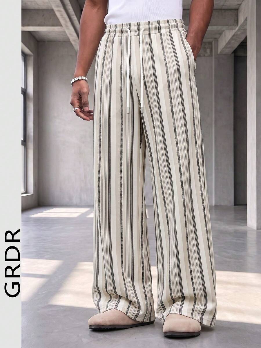 GRDR Men's Summer Striped Loose Drapey Casual Drawstring Elastic Waist Wide Leg Long Pants - Grey - View 1
