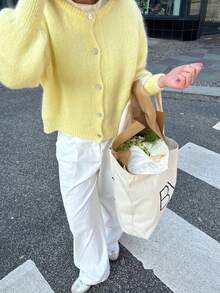 Vivid Style Yellow Fuzzy Knit Cardigan Women Crewneck Button Up Crop Loose Sweater Drop Shoulder Long Sleeve Cozy Ribbed Knitted Jumper Coat - Yellow - View 2