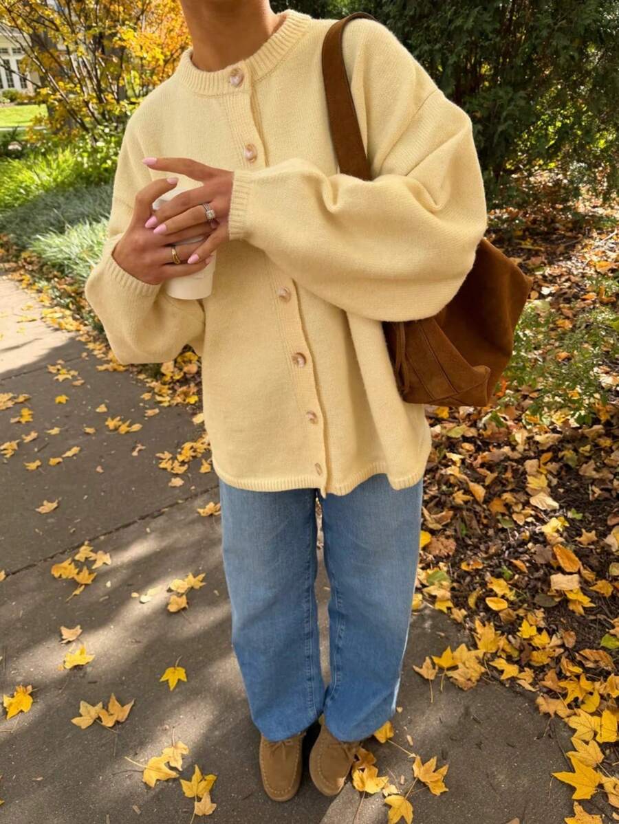Vivid Style Cream Yellow Knitted Cardigan Women's Round Neck Button-Up Loose Oversized Dropped Shoulder Lantern Long Sleeve Comfortable Knit Sweater Jacket - Yellow - View 1