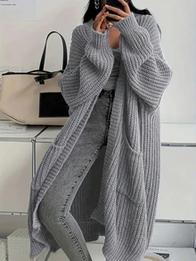 Plus Size Women's Autumn Winter Solid Color Dropped Shoulder Pocket Design Long Sleeve Loose Casual Long Cardigan Sweater - Grey - View 1