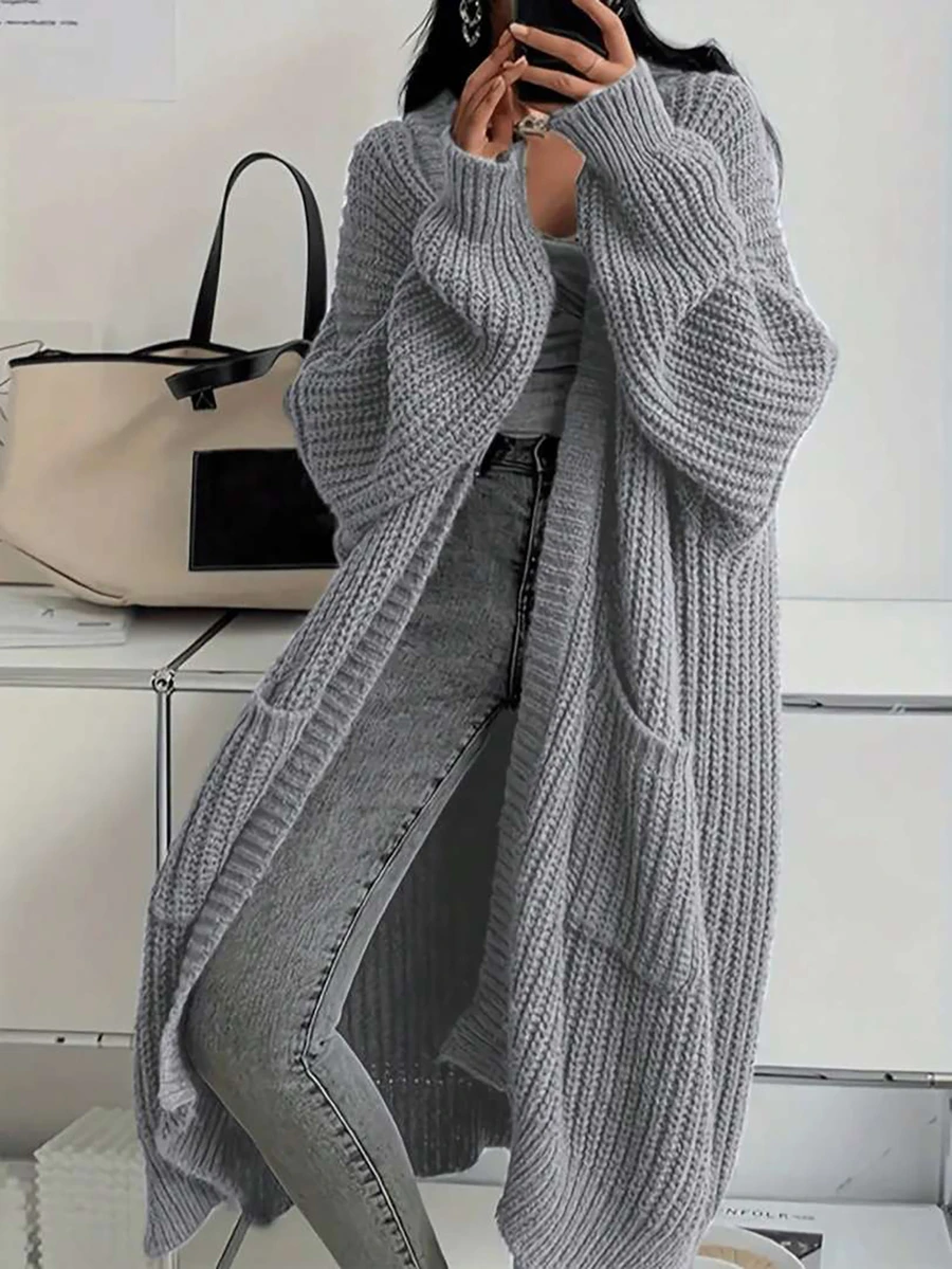 Plus Size Women's Autumn Winter Solid Color Dropped Shoulder Pocket Design Long Sleeve Loose Casual Long Cardigan Sweater - Grey - View 1