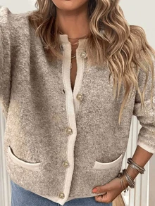 Plus Size 2026 New Arrival Contrast Trim Knit Cardigan, Long Sleeve Button‑Down Sweater With Pockets, Casual Loose Outerwear For Fall Winter - Khaki - View 2