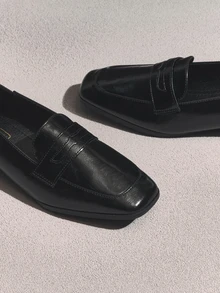 NobleVue 秋冬女款两用复古平底乐福鞋，粗跟休闲方头穆勒鞋 - 黑色 - 查看 4