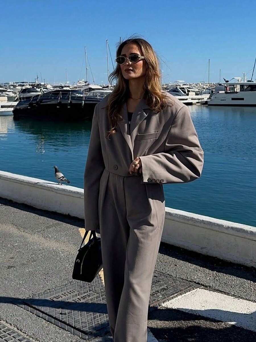 Women's Short Blazer & Wide Leg Pants 2 Pieces Set, Loose Fit Hidden Button Notch Lapel Office Casual Outfit - Grey - View 1