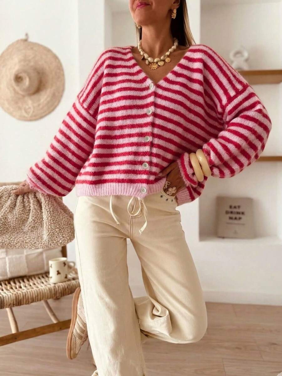 Autumn/Winter Fashion Casual Versatile Vacation Striped Color Block Retro Commute Party Elegant Street Snap Button Knit Cardigan Sweater - Pink - View 1