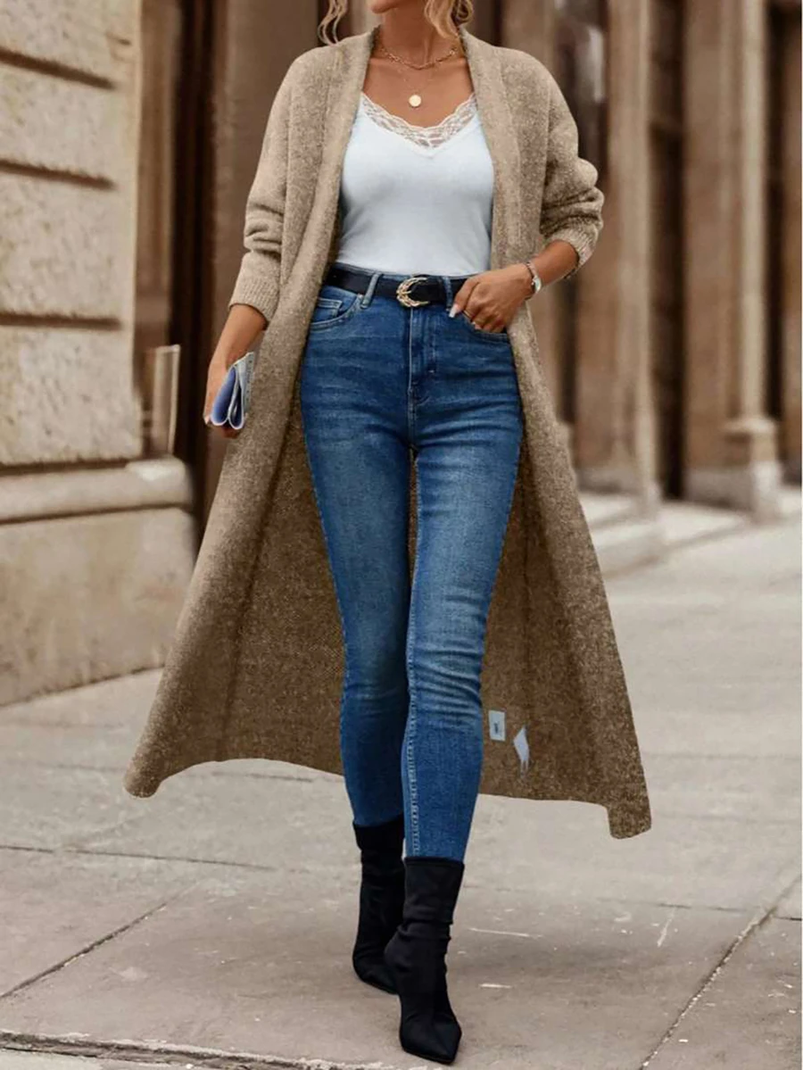 Plus Size Women Fall Winter Long Open Front Knit Cardigan, Long Sleeve Loose Soft Knit Sweater Coat Casual Warm Outerwear - Khaki - View 1