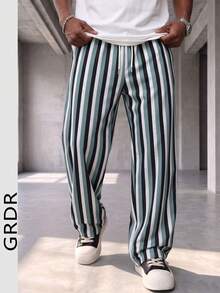GRDR Men's Summer Striped Loose Drawstring Elastic Waist Casual Wide Leg Long Pants With Drape - Green - View 1