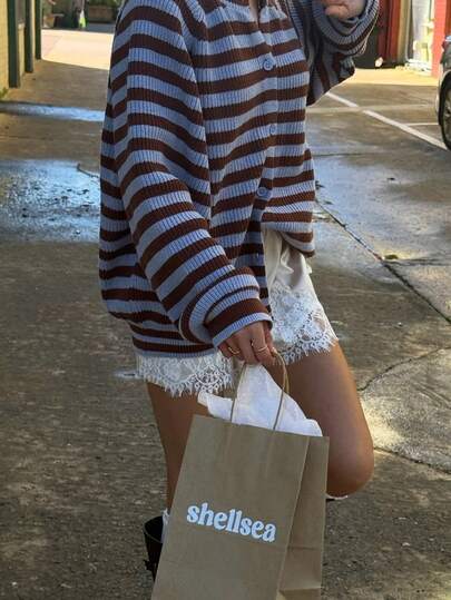 Women's Autumn/Winter Blue & Brown Striped Colorblock Knit Cardigan Sweater Jacket