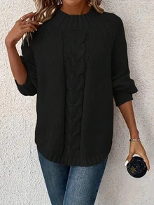 Plus Size Women's Simple Versatile Cable Knit Long Sleeve Sweater - Black - View 1