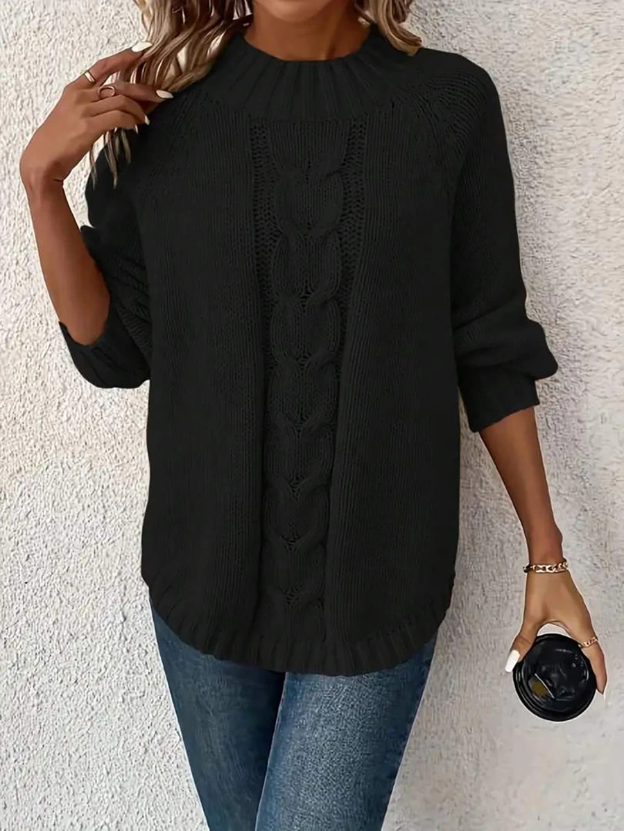 Plus Size Women's Simple Versatile Cable Knit Long Sleeve Sweater - Black - View 1