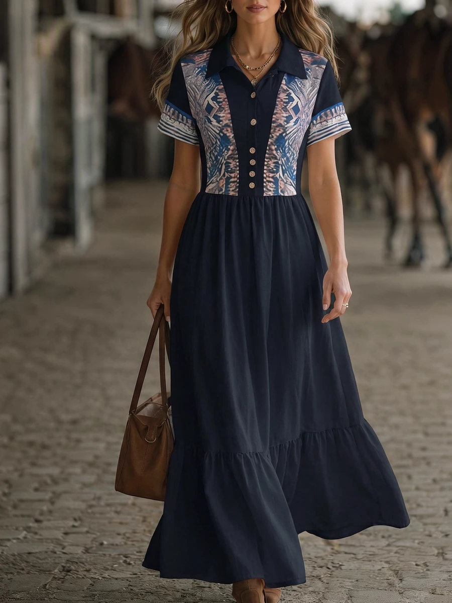 Plus Size Bohemian Western Print Patchwork Maxi Dress, Front Button Ruffle Hem Long Dress Elegant Black Summer