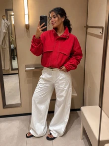 Women's Pure Red Drop Shoulder Baseball Jacket, Loose Casual Street Style Outerwear, Suitable For Spring And Autumn Vacation - Red - View 4