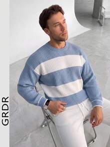 GRDR 1pc Men's Autumn/Winter Casual Colorblock Knit Top - Dusty Blue - View 3