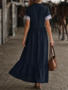 Plus Size Bohemian Western Print Patchwork Maxi Dress, Front Button Ruffle Hem Long Dress Elegant Black Summer - Black - View 3