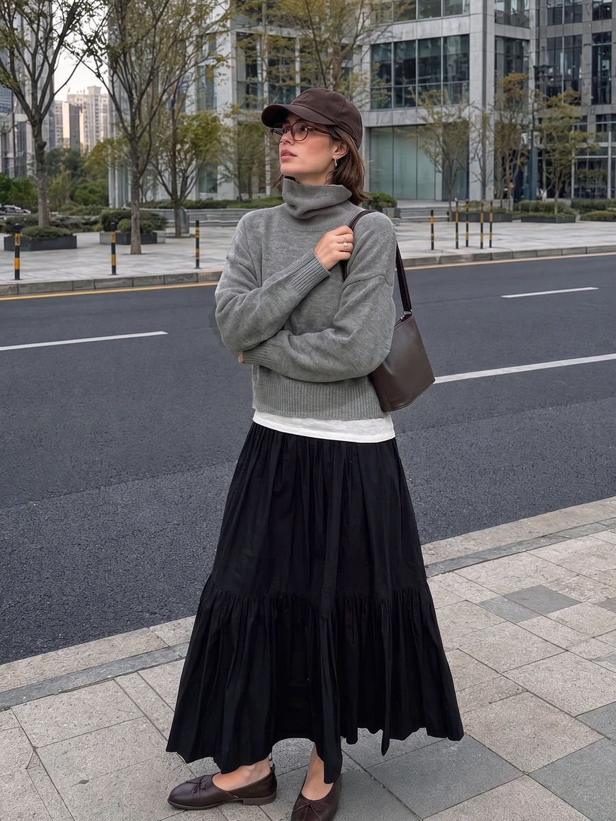 Women's Autumn Elegant Casual Gray Turtleneck Drop Shoulder Long Sleeve Cropped Knit Sweater, Suitable For Daily Wear Fall - Grey - View 1