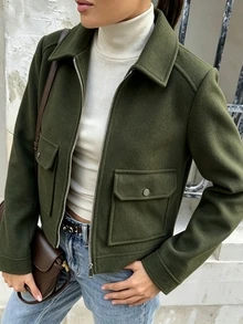 女款時尚橄欖綠軟呢外套，前拉鍊設計，雙口袋，翻領，休閒街頭風秋冬外套 - 軍綠色 - 查看 4