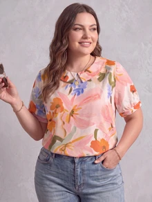 Plus Size Women's Floral Chiffon Short Sleeve Shirt With Tie Collar And Buttons, Pockets, Vintage Bohemian Style Summer Top - Multicolor - View 2