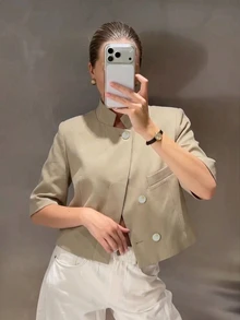 女款修身短版西裝外套，短袖商務西裝夾克，適合春夏畢業季 - 卡其色 - 查看 3