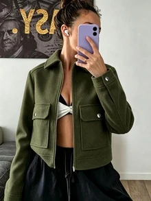 女款時尚橄欖綠軟呢外套，前拉鍊設計，雙口袋，翻領，休閒街頭風秋冬外套 - 軍綠色 - 查看 3