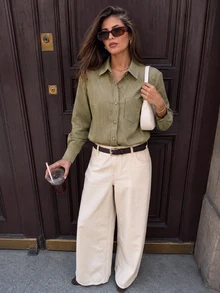 Women's Elegant Casual Fashion Green Button Long Sleeve Shirt, Suitable For Vacation, Office, Outing Wear - Multicolor - View 5