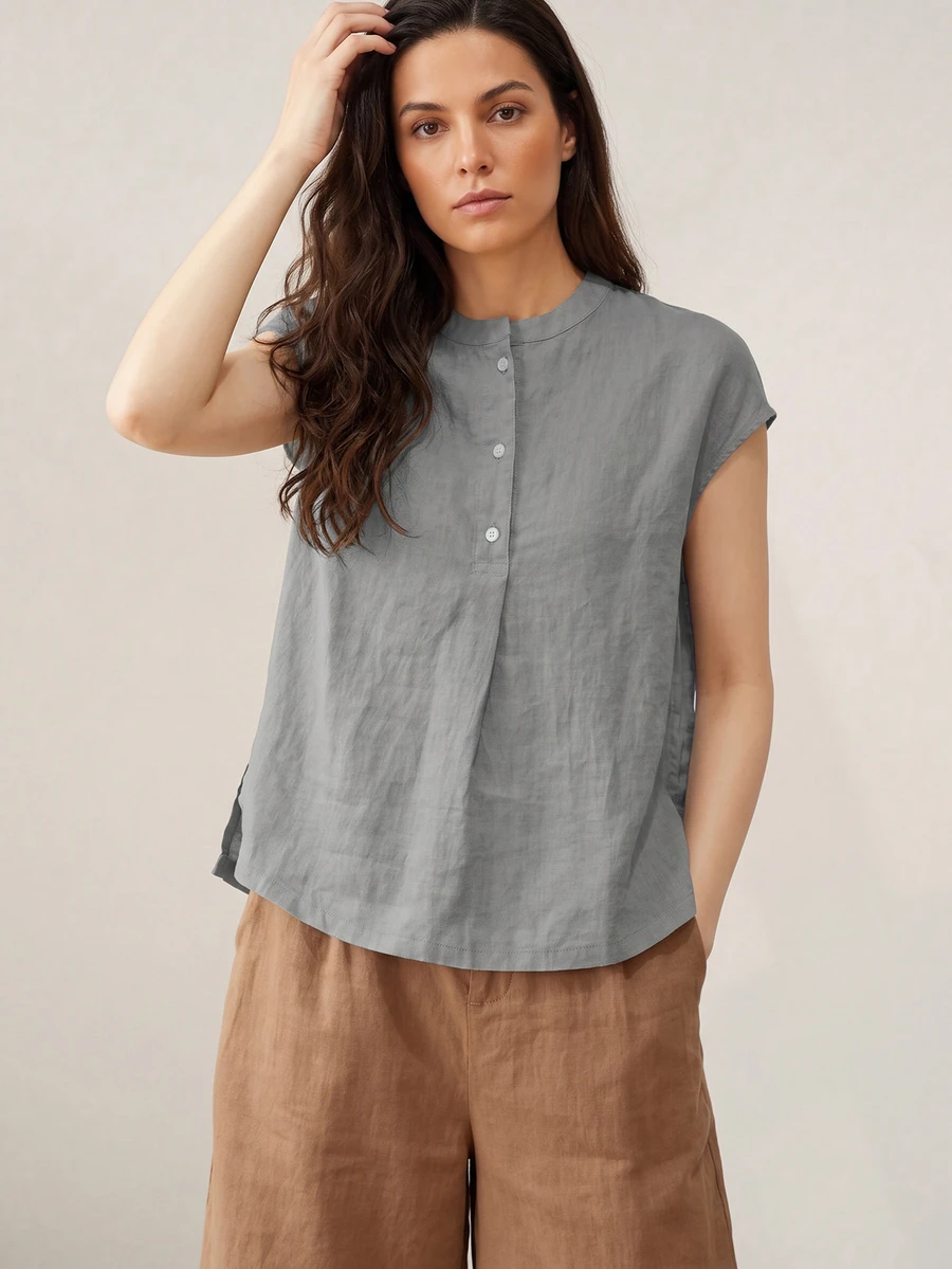 Women's Solid Color Front Button Minimalist Shirt, Suitable For Casual Daily Wear Summer - Grey - View 1