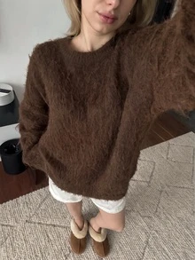 FOR BEAUTY Fall Winter Women Sweaters Y2K Elegant Brown Fluffy Knit Long Sleeve Crew Neck Oversized Sweater Casual Party Going Out Vacation Look Tops - Brown - View 4
