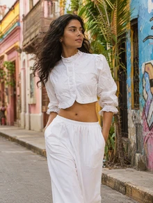 Women's Casual Colorblock Button-Up Short Shirt, Long Sleeve Curved Hem Top, White - White - View 4