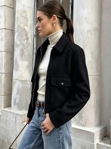 女款時尚黑色軟羊毛夾克，前拉鍊，雙口袋，翻領，休閒街頭風秋冬外套，隨性風格 - 黑色 - 查看 6