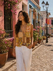 Women's Vintage Patchwork Floral Print Quilted Vest Top Summer - Ginger - View 2