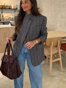 女款春夏新款格紋不對稱西裝外套，休閒復古設計高端優雅夾克 - 灰紅格紋 - 查看 1