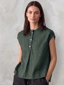 Women's Solid Color Front Button Minimalist Shirt, Suitable For Casual Daily Wear Summer - Dark Green - View 2