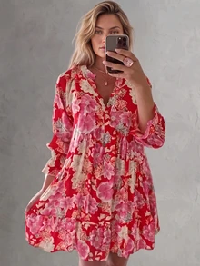 Plus Size Elegant Red Floral Print High Waist V-Neck Mini Dress Spring Vacation - Multicolor - View 2