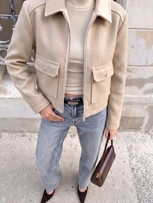 女款時尚軟羊毛混紡拉鍊夾克，附口袋與領口，休閒街頭風秋冬外套，靜奢風 - 米粉紅色 - 查看 5