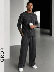 GRDR Men's Washed Crew Neck Short Sleeve T-Shirt And Drawstring Long Pants Casual Set - Black - View 3