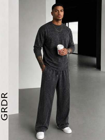 GRDR Men's Washed Crew Neck Short Sleeve T-Shirt And Drawstring Long Pants Casual Set
