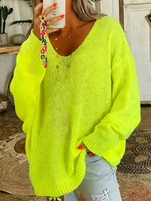New Elegant V-Neck Sweater For Plus Size Women - Solid Bright Yellow, Versatile Fashion Solid Color Knit Ribbed Plus Size Women's Long Sleeve Fall - Yellow - View 3
