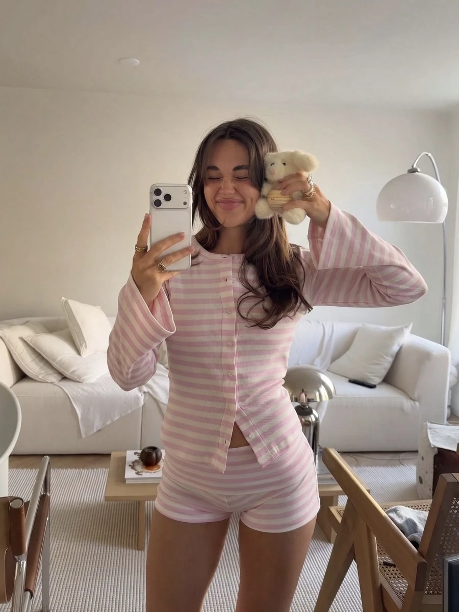 Elegant Women's Casual 2 Pieces Striped Top And Shorts Set Pink - Pink - View 1