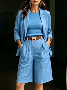 女款純色單排扣長袖西裝外套與口袋短褲休閒通勤套裝 春季優雅夏季 - 藍色 - 查看 2