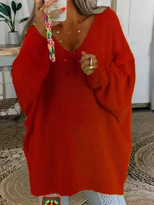 New Elegant V-Neck Sweater For Plus Size Women - Solid Bright Yellow, Versatile Fashion Solid Color Knit Ribbed Plus Size Women's Long Sleeve Red Fall - Red - View 3