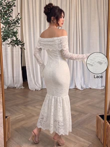 Women's Elegant Autumn/Winter White Lace Off-Shoulder Mermaid Dress, Vintage Long Sleeve Fitted French Style Party & Vacation Outfit - White - View 4