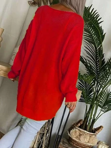 New Elegant V-Neck Sweater For Plus Size Women - Solid Bright Yellow, Versatile Fashion Solid Color Knit Ribbed Plus Size Women's Long Sleeve Red Fall - Red - View 4