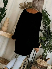 New Elegant V-Neck Sweater For Plus Size Women - Solid Bright Yellow, Summer Autumn Versatile Fashion Solid Color Knit Ribbed Plus Size Women's Black - Black - View 4