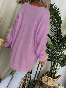 New Bright Color Plus Size Women's Elegant V-Neck Sweater - Solid Bright Yellow, Summer Autumn Versatile Fashion Solid Color Knit Ribbed Plus Fall - Purple - View 4